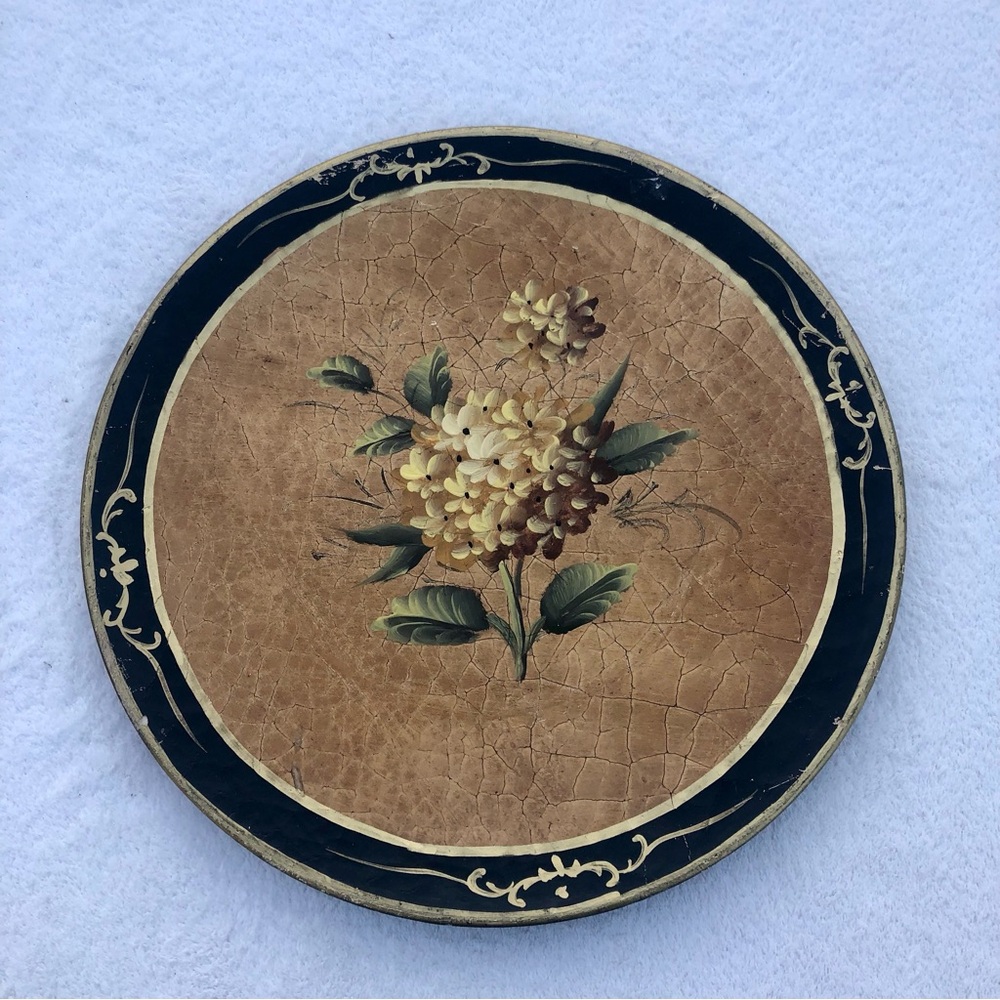 Vintage Hand Painted Green Floral Toleware Serving Tray 13” Farmhouse Co…